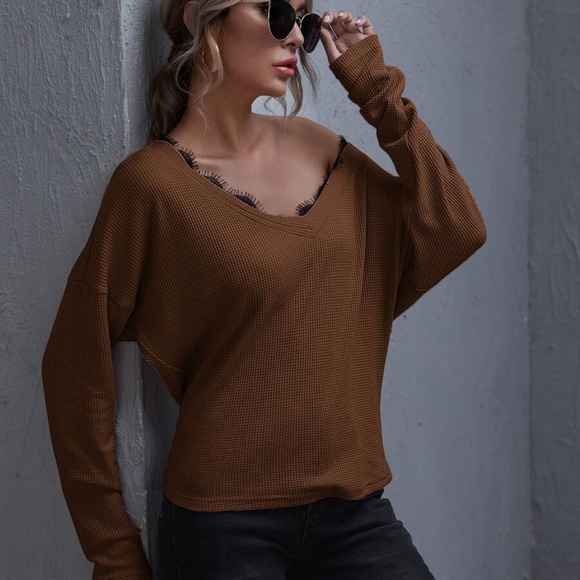 Black eyelash lace detail off shoulder waffle top - Picture 5 of 14